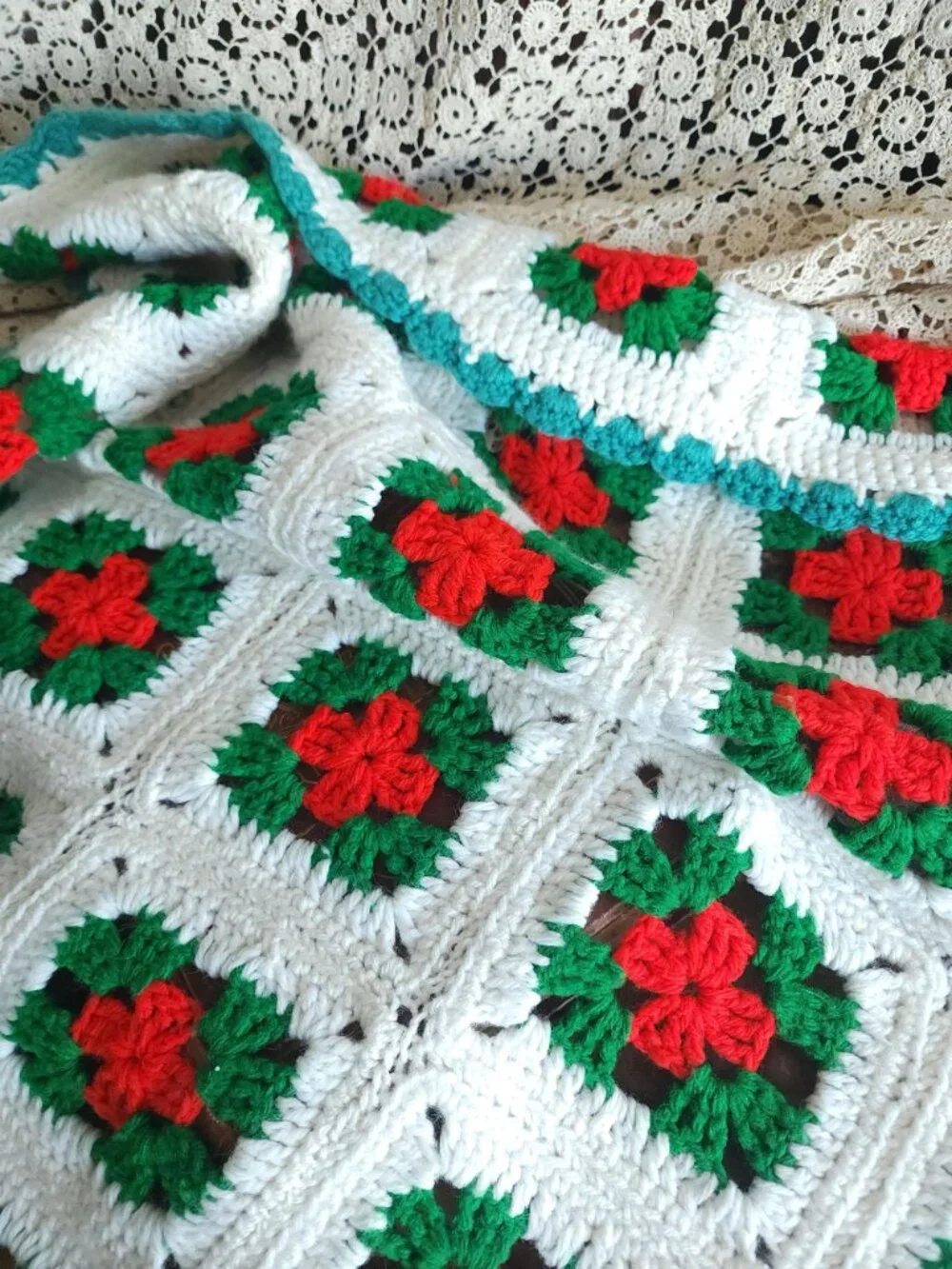 Vintage 1970s Afghan, Granny Square Crochet Lap Blanket, Red Green White Poinset